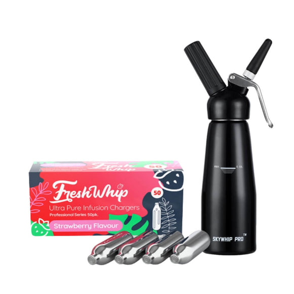 Freshwhip 8.2g Cream Chargers Strawberry flavor + Whipper 500ML Black